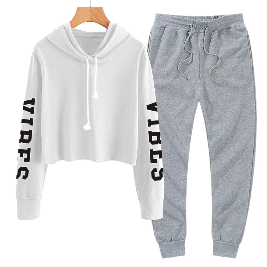 BESS - Baju Setelan Wanita Murah / Setelan Hoodie Crop + Jogger Abu - VIBE TANGAN