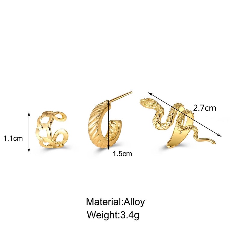 3pcs / Set Anting Stud Desain Ular Gaya Punk Hip Hop Untuk Wanita