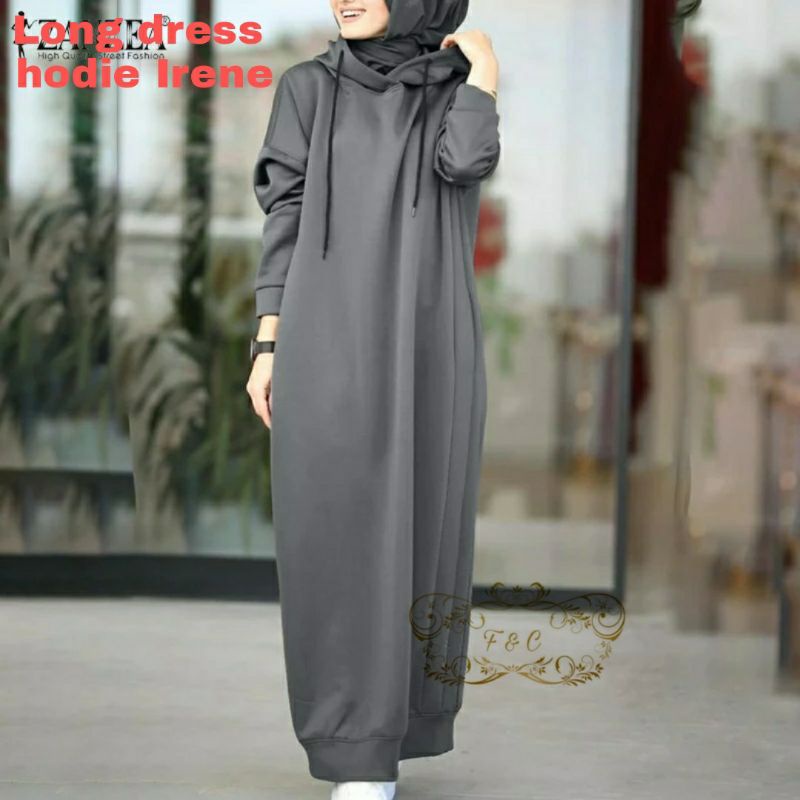 3 UKURAN M L XL LONG DRESS IRENE HOODIE FASHION PAKAIAN WANITA BAHAN BABYTERRY FEHM