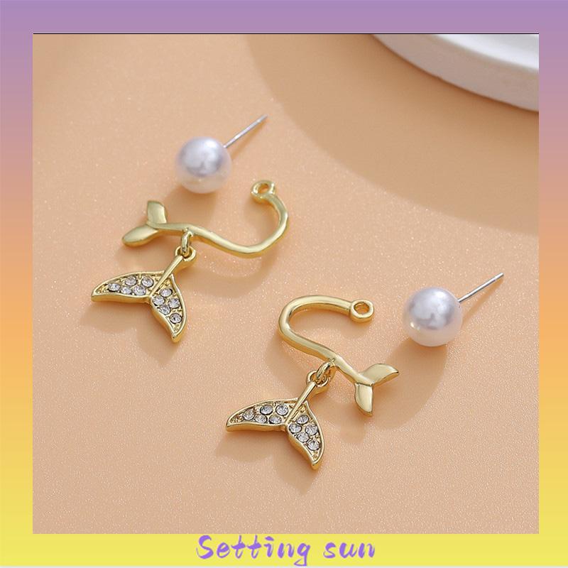 Pearl Fishtail Back Hanging Earrings Wanita High-end Cahaya Mewah Penuh Berlian Anting Geometris TN