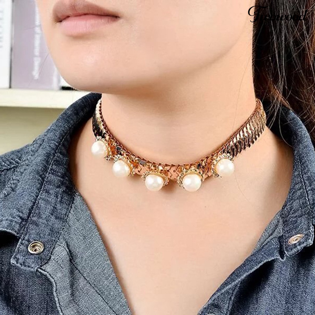 Twowood Faux Pearl Decor Rhinestone Women Necklace Alloy Adjustable Snake Chain Collar Necklace Jewelry Accessory