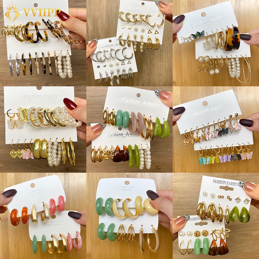 9 Pcs / Set Anting Tusuk Model Kupu-Kupu / Ular Bahan Resin Warna Emas / Silver Untuk Wanita
