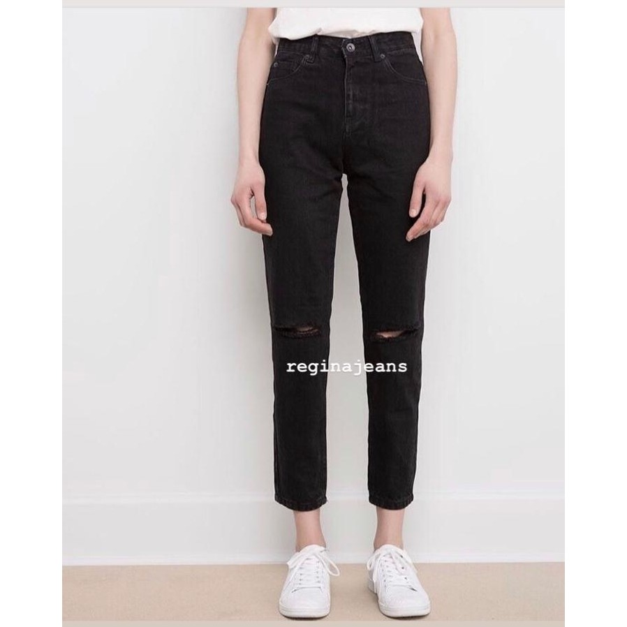 highwaist boyfriend jeans black / hitam custom ripped knee sobek lutut
