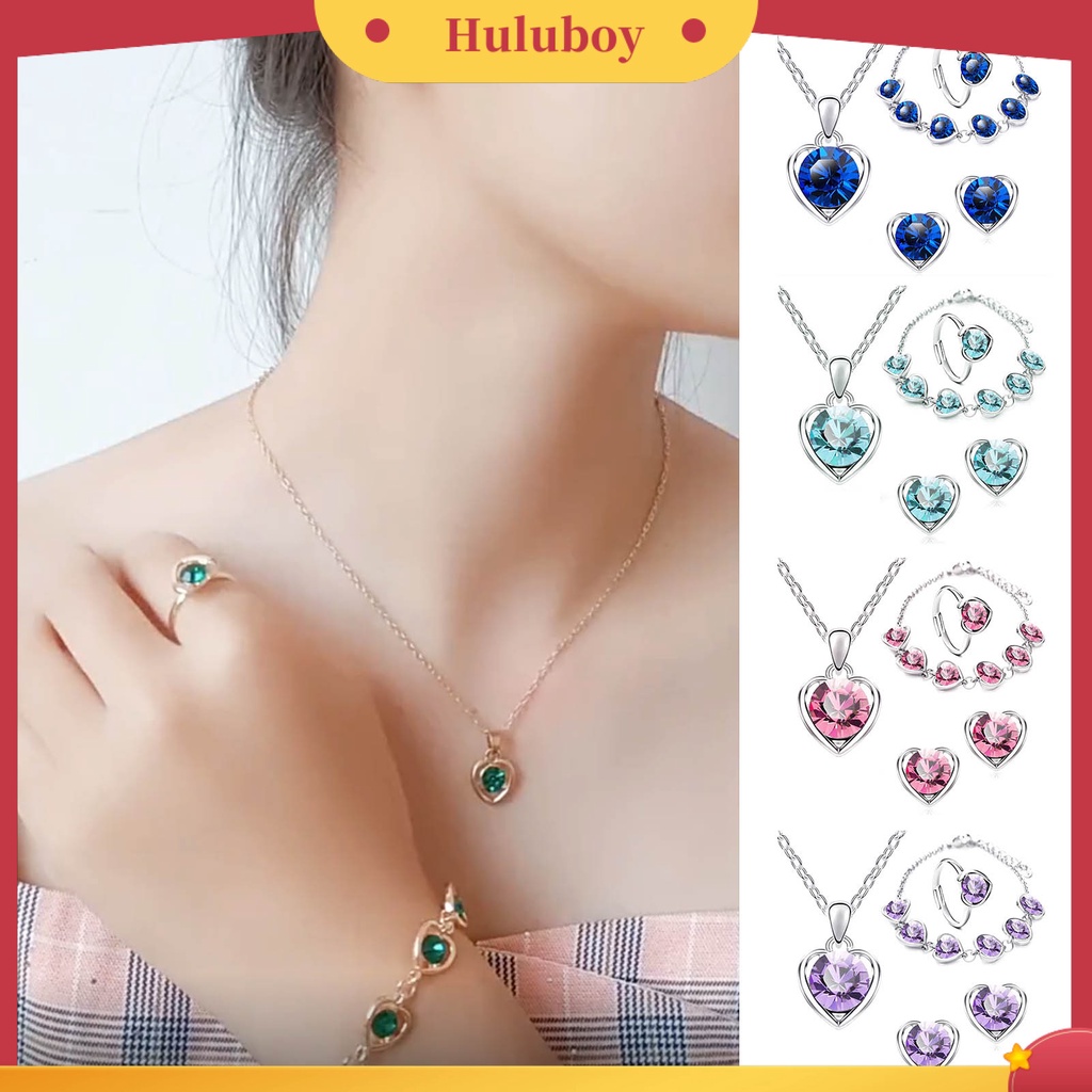 Hu Hu Hu Hu Hu Alat Bantu Pasang Kacamata♡ 4pcs / Set Kalung Anting Gelang Cincin Liontin Hati Aksen Berlian Imitasi Adjustable Untuk Wanita