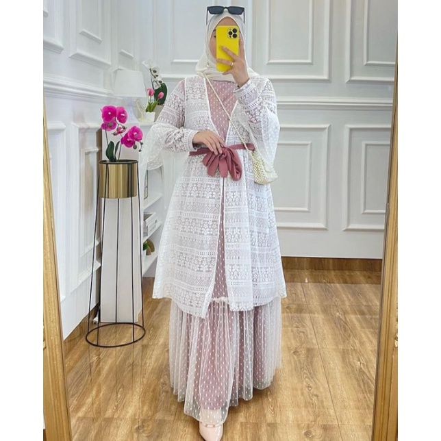 Dress Brukat Tile Mix Knit Import Mewah Free Tali pita Dress Lebaran Kondangan Limited