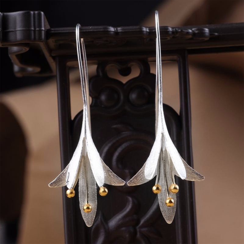 Anting Drop 925 Silver Bentuk Bunga Untuk Wanita