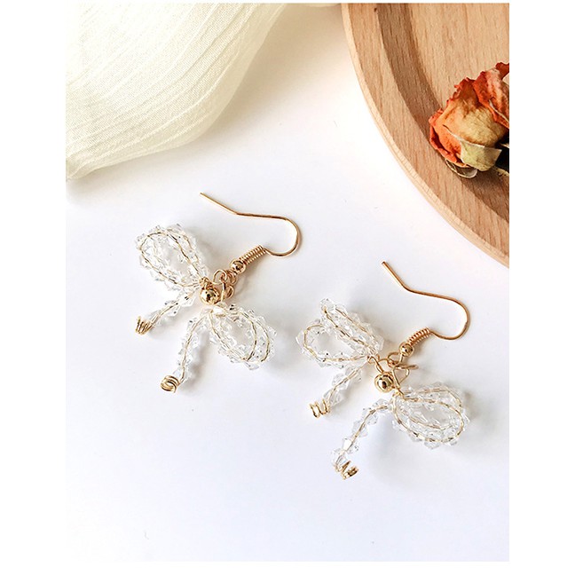 LRC Anting Gantung Fashion Metal Braided Crystal Bow Earrings F88006