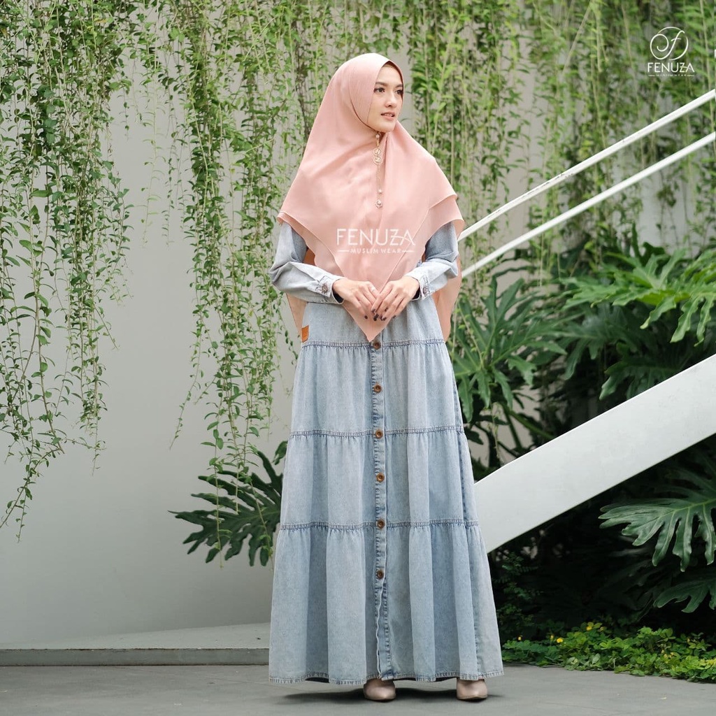Gamis Denim Jeans VELOVE Dress Ruffle Syari Kasual Busui Jumbo by Fenuza Muslim Wear
