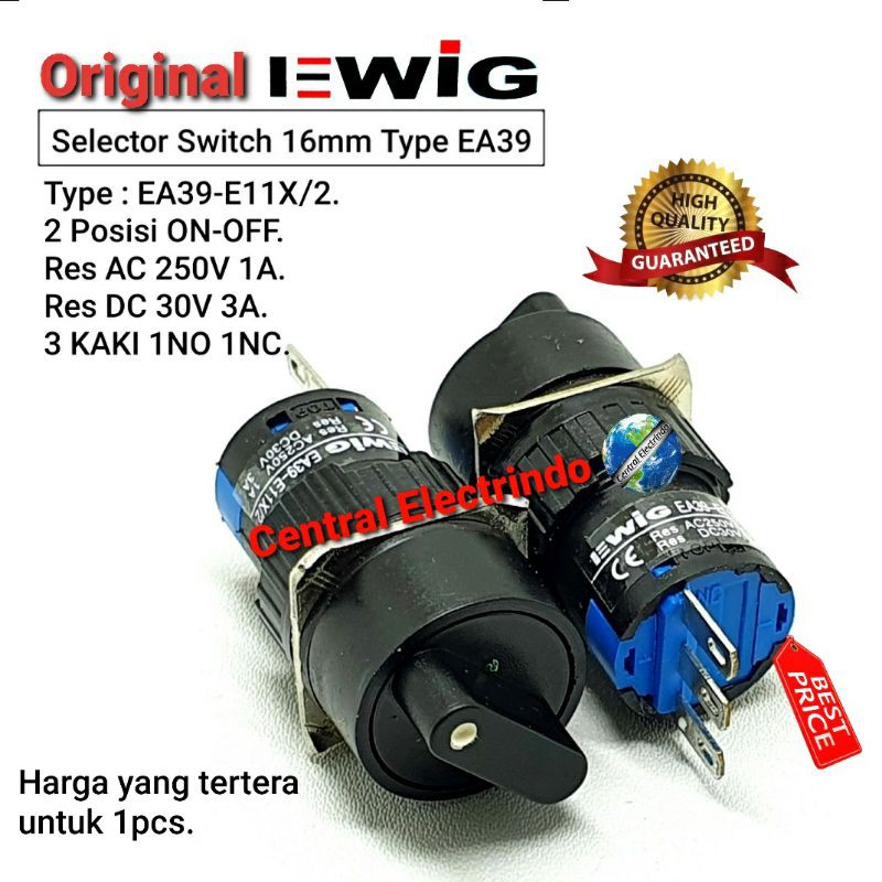 Selector Switch Bulat 2 Posisi EA39-11X/2 16mm 3Kaki 1NO/1NC.