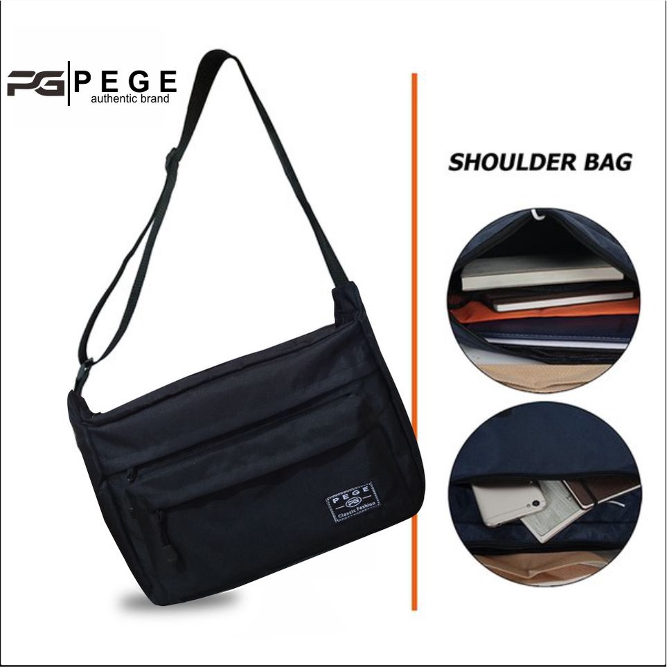 Tas Selempang Pria Slingbag PEGE Model Hitam Polos Bahan Tebal Bisa Untuk Kerja Kuliah Multifungsi - PG 8914