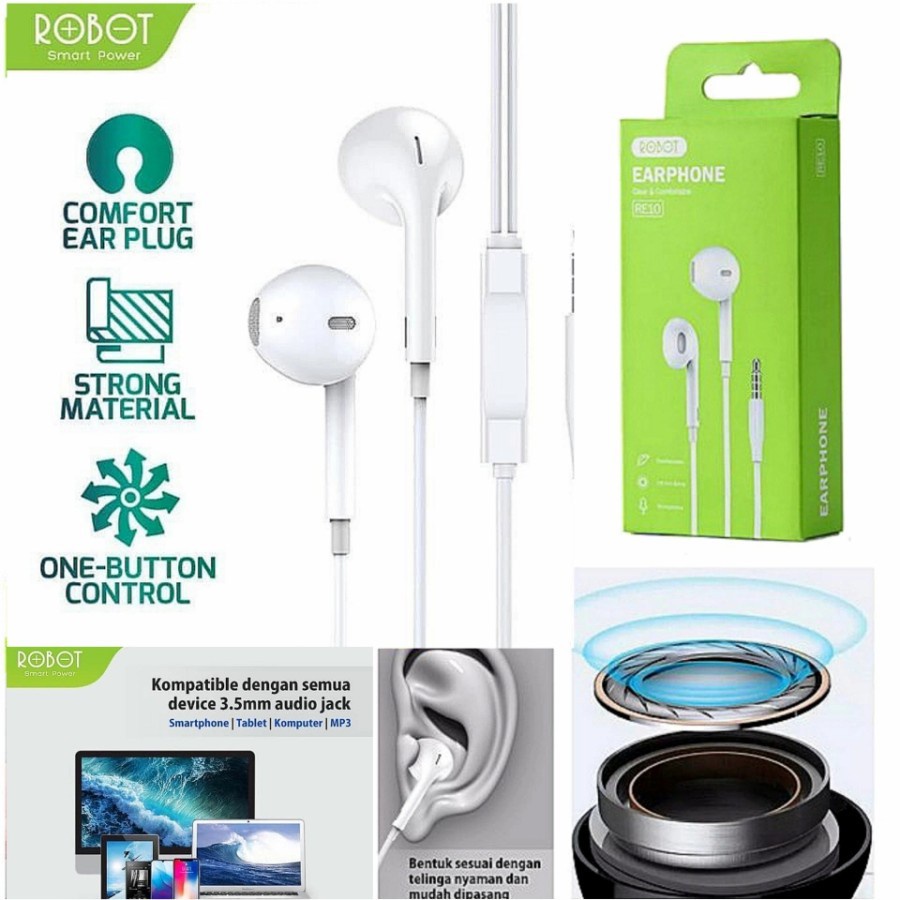 ✅RESMI - Headset Robot RE10 Wired Headset Wired Earphone Bass Smartphone Original