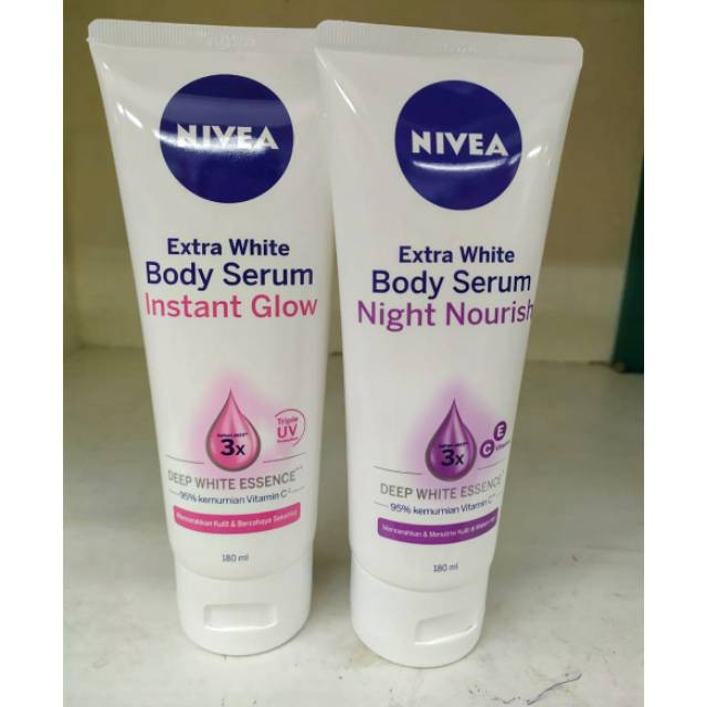 PAKET pagi&amp;malam Nivea bodyserum instan glow &amp; nivea serum night nourish @ 180 ml