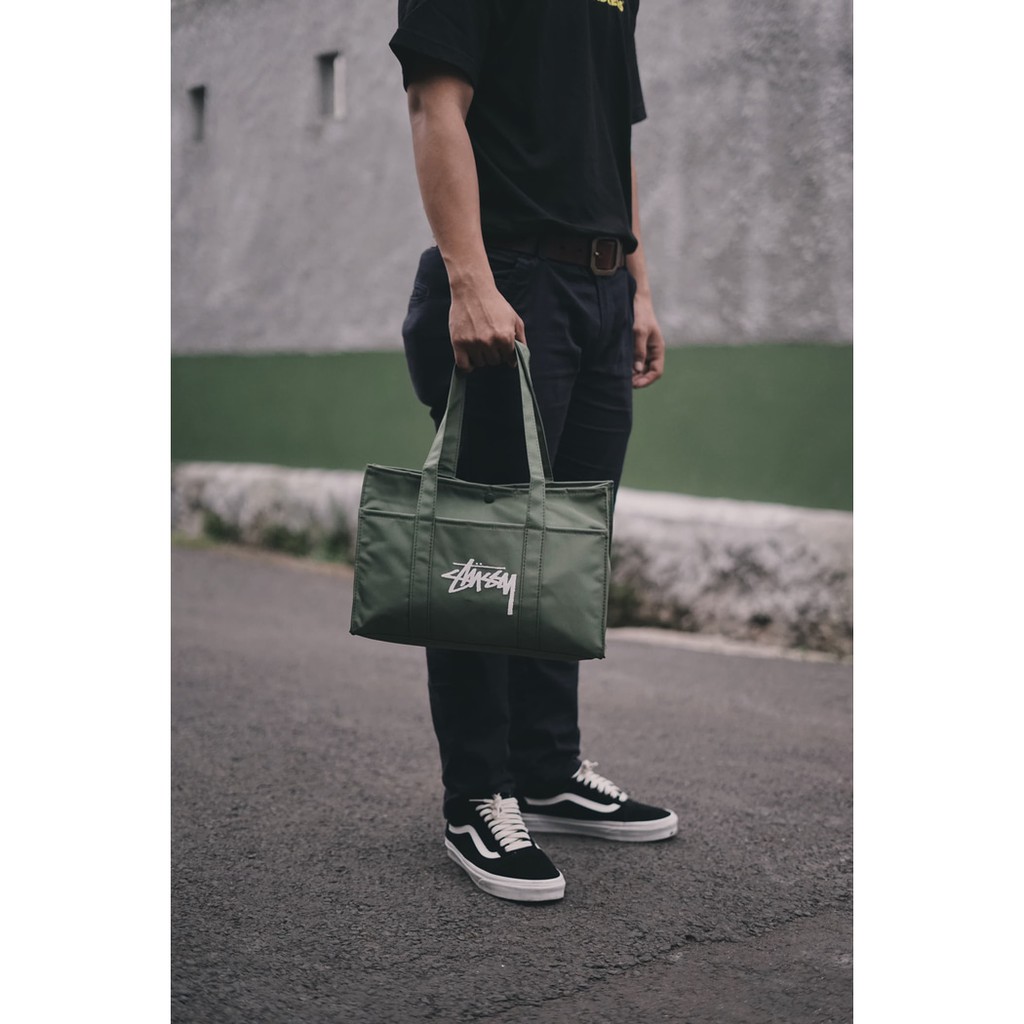 stussy military green tote bag