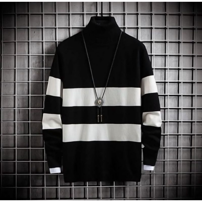 Turtle neck Pria Pullover Strip Kerah tinggi