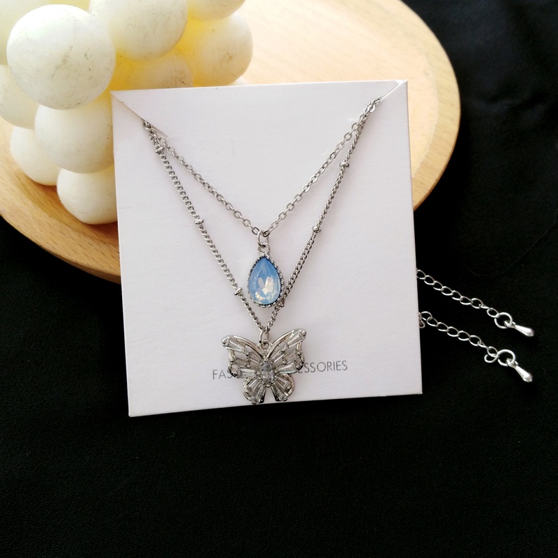 Blue Water Drop Butterfly Necklace Accessories Temperament Double Clavicle Chain