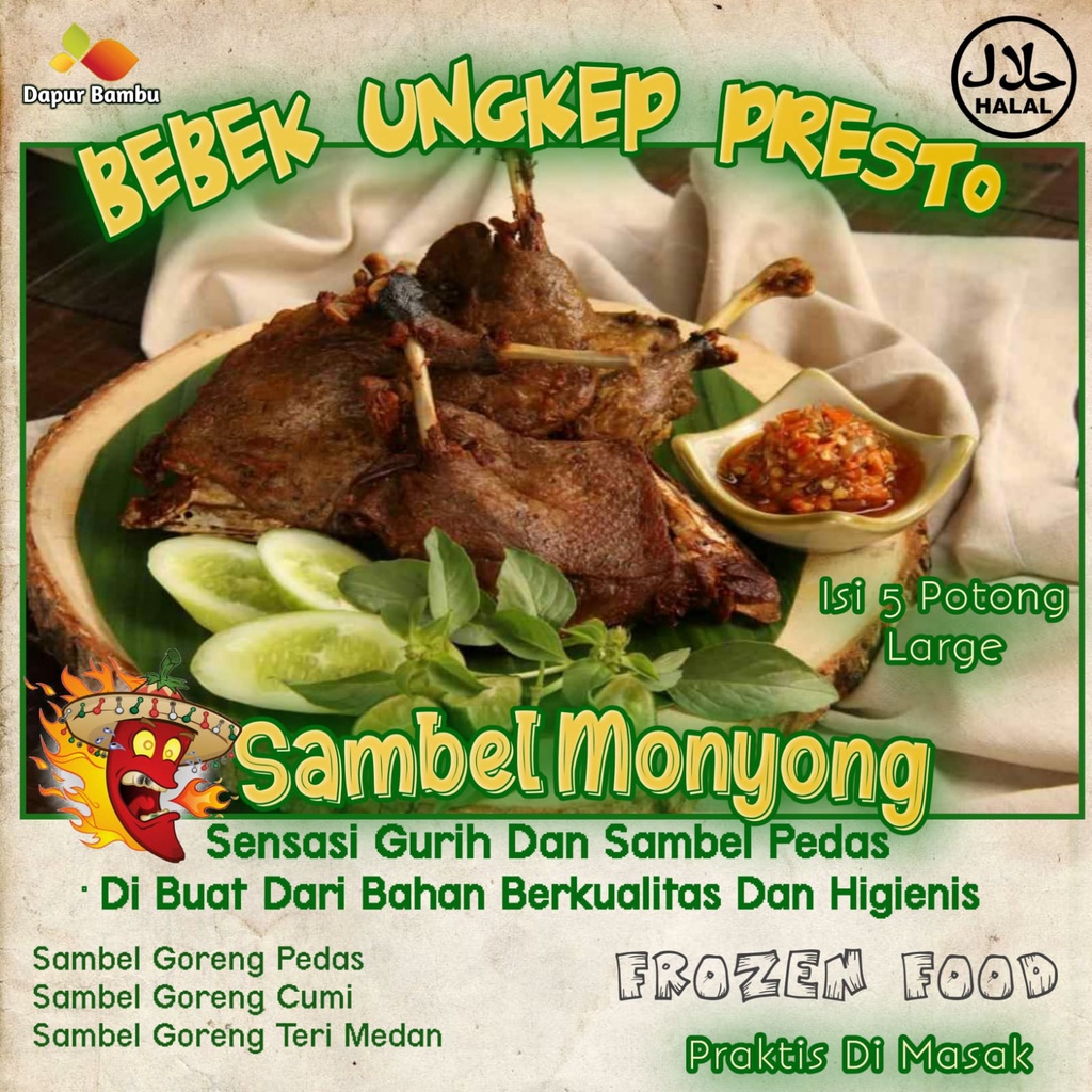 

BEBEK UNGKEP PRESTO 1 EKOR SAMBEL MONYONG / BEBEK UNGKEP BUMBU KUNING FROZEN FOOD