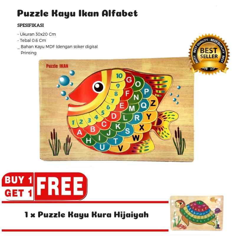 Mainan Kayu Pintar Buy 1 Get 1 Puzzle Kayu Ikan Alfabet  (Free  Puzzle Kayu Kura Hijaiyah)