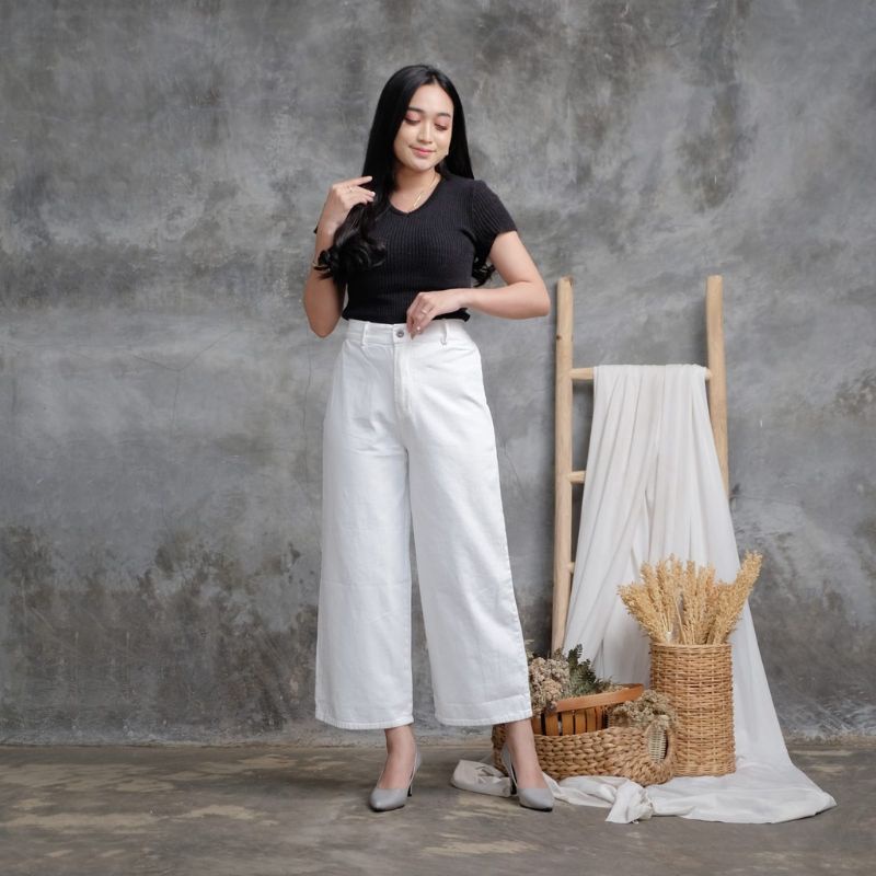 Mozza Kulot Jeans Highwaist Celana Kulot Jeans Wanita Warna Mocca Hitam Putih