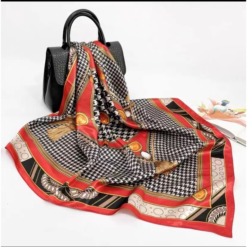 90*90 cm Outer Scarf Syal Wanita Motif Premium Bahan Satin Korean Style / Sunscreen Hijab Silk Long Scarf Leher Korea Fashion Import Selendang Bali