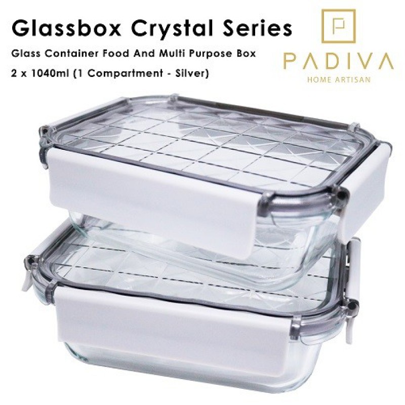 Padiva Glassbox Crystal 1 Compartment 1040 ml Glass Container 2 Pcs - Silver Grey
