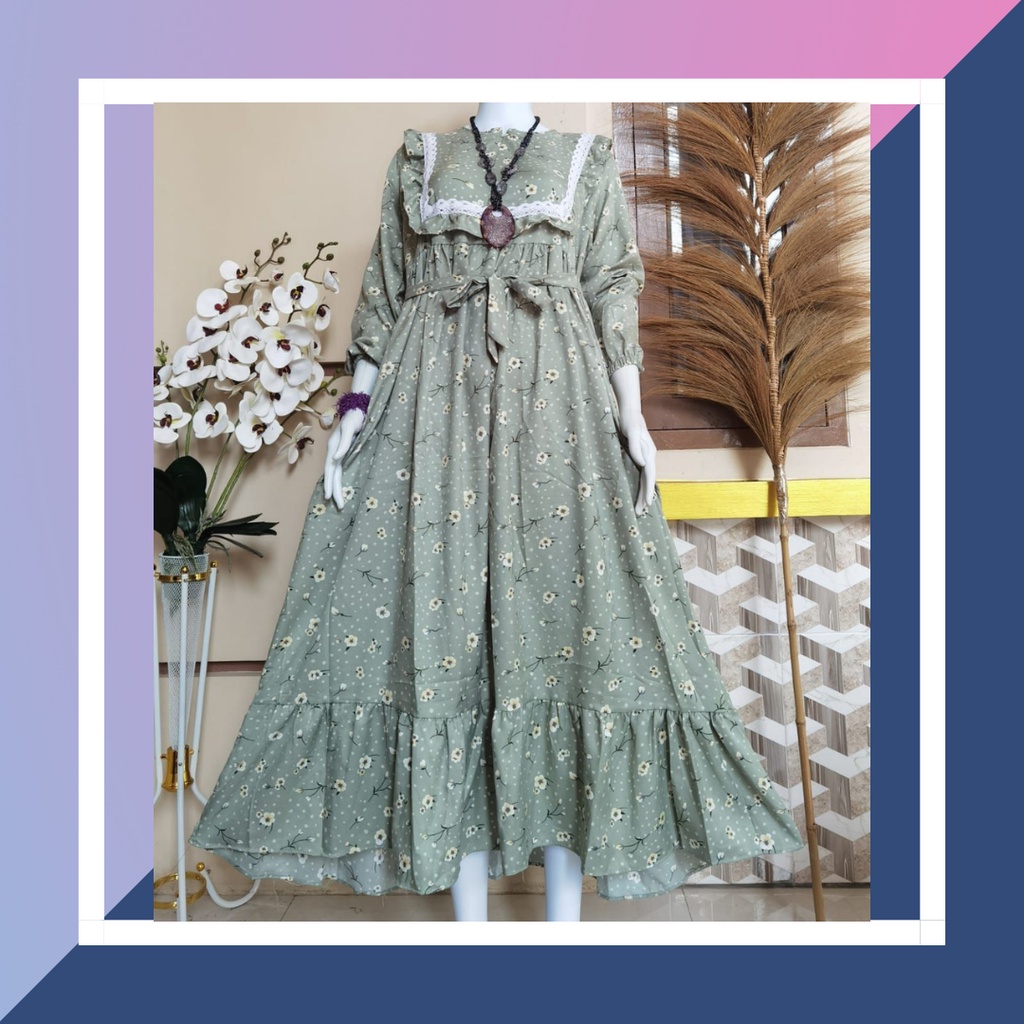 Gamis Shakila Bunga Renda Busui Lengan karet Tali pinggang Mayung bawah  LD 110 cm Bahan Shakila Pre