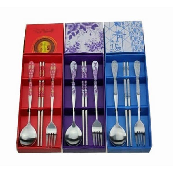 Peralatan Makan Sendok Garpu Sumpit Set Stainless Steel Model Chinese Dining Set Garpu Sumpit Cantik Souvenir Murah