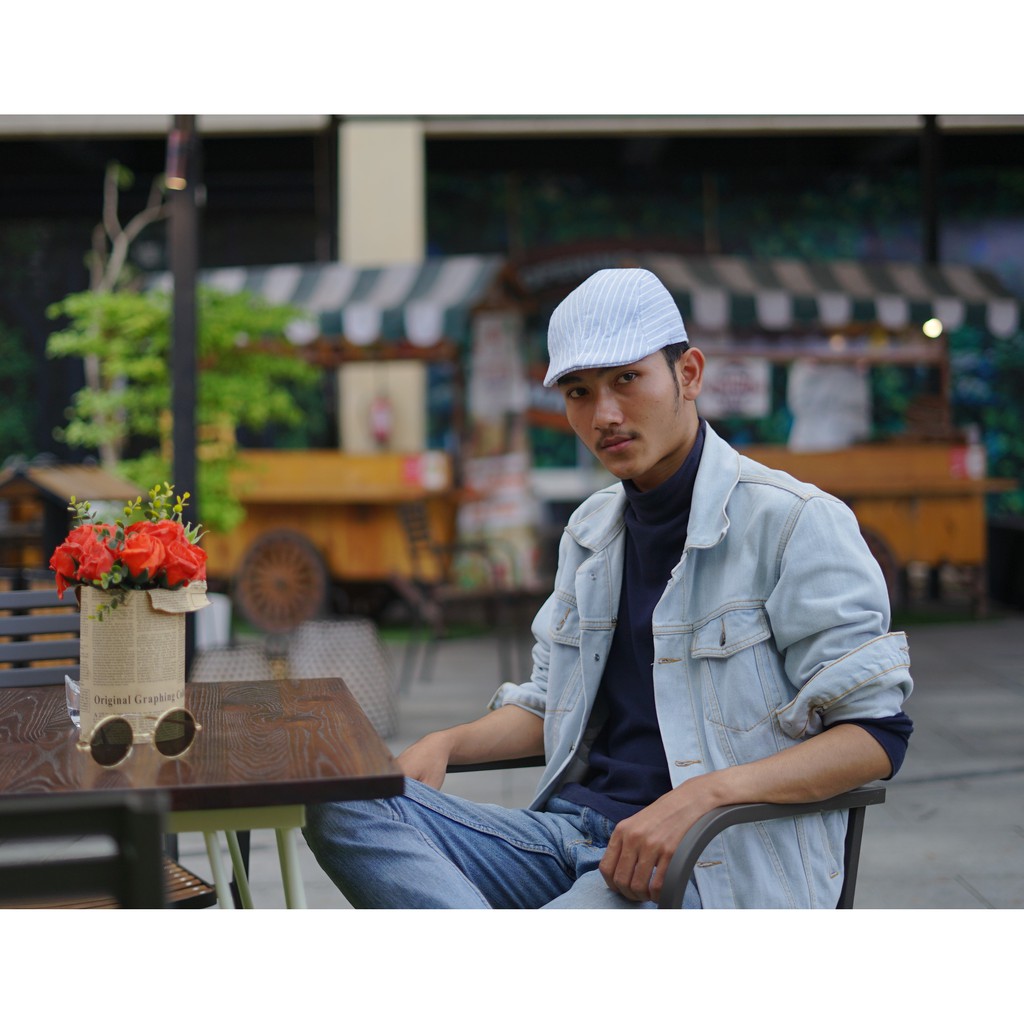 Topi Flat Caps Import Premium Katun Stripe Blue
