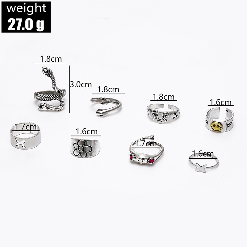 8pcs / Set Cincin Desain Ular Katak Butterfly Flower Crying face Gaya Vintage Punk Untuk Wanita