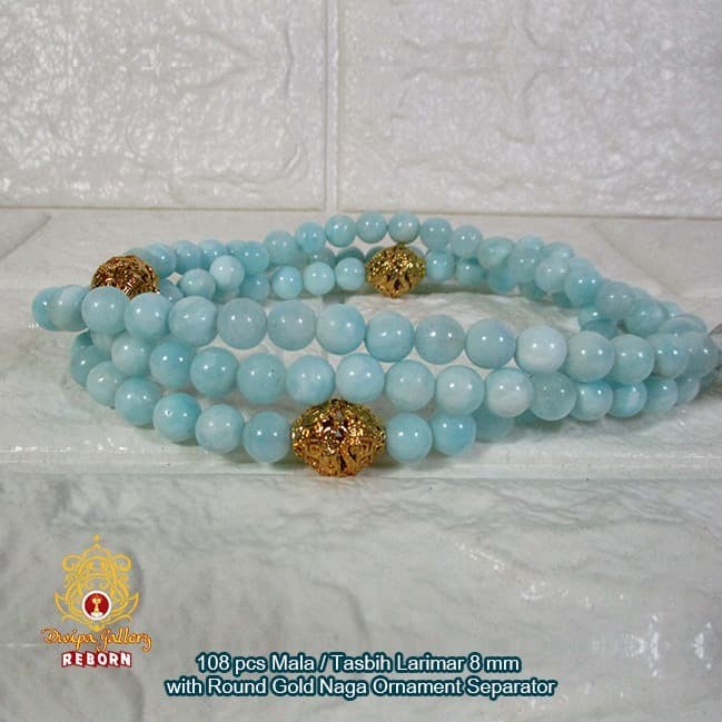 108 pcs Mala / Tasbih Larimar Biru 8 mm with Round Gold Naga Ornament