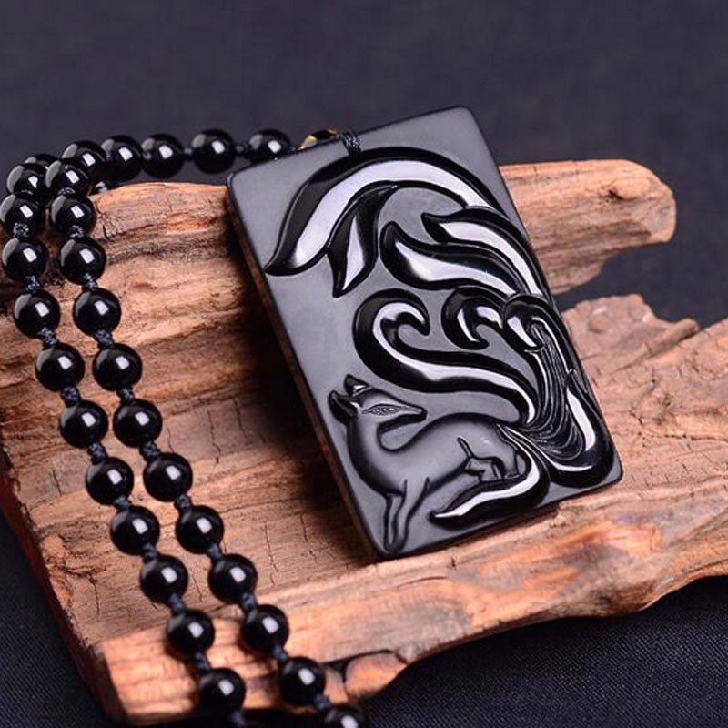 Liontin rubah Obsidian alami