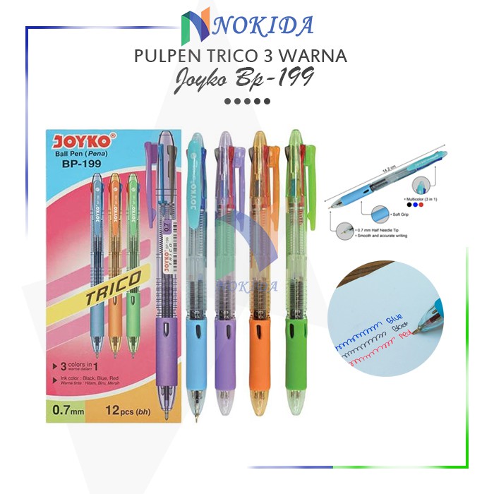 

Nokida Pulpen Trico 3 Warna Joyko BP-199/12 pcs / Ballpoint Pena Pen 3 Colour 0.7 mm/1 Pack