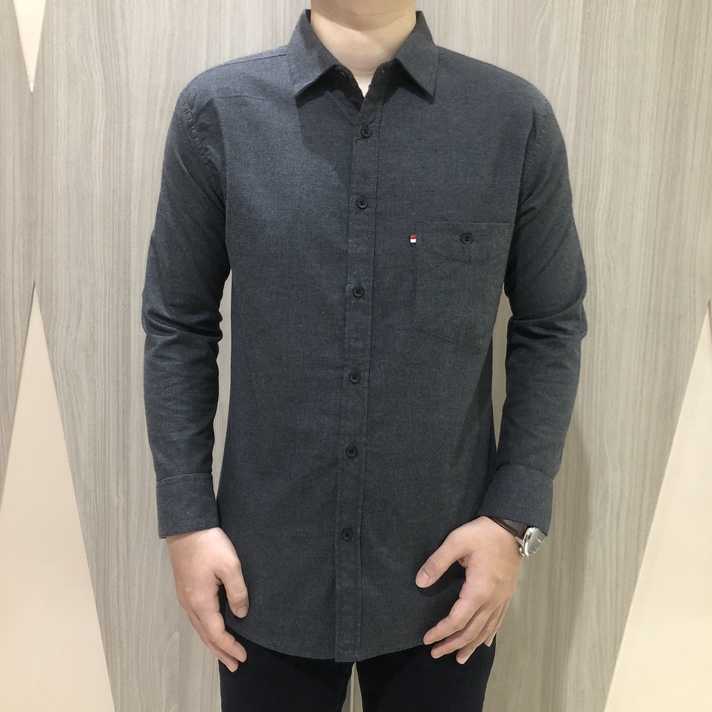 [GRIDLINE - LS053 Flanel Black, Navy, Light Grey, Dark Grey] Kemeja Flanel Polos Slimfit Pria Panjang Keren Premium Simpel Elegan