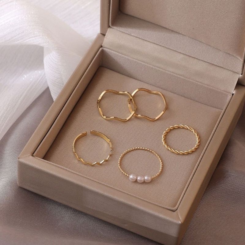 Set (isi 5 buah) Cincin Ring Mutiara Alloy Geometri Aneka Bentuk Korean Pearl Ring Korea