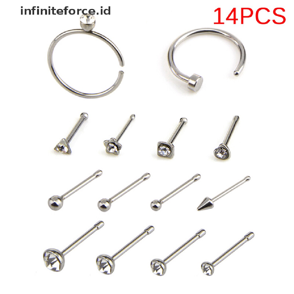 14pcs / Set Cincin Tindik Tubuh / Hidung Bahan Stainless Steel Hias Kristal