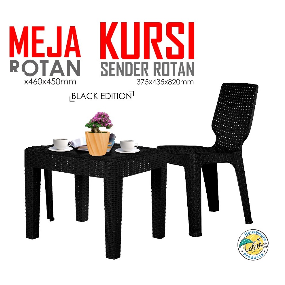 Set Meja Kursi Bangku Sender Plastik Motif Anyaman Rotan Tabitha untuk Teras