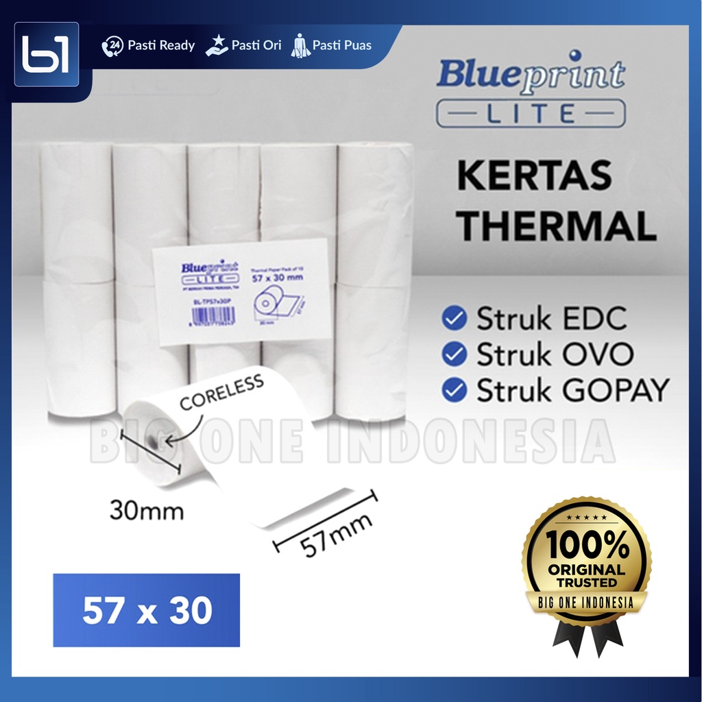 

Blueprint Lite Thermal Paper Roll 57x30mm, Kertas Rol 57 X 30 MM, Mesin EDC, Printer Kasir, Karcis Tol