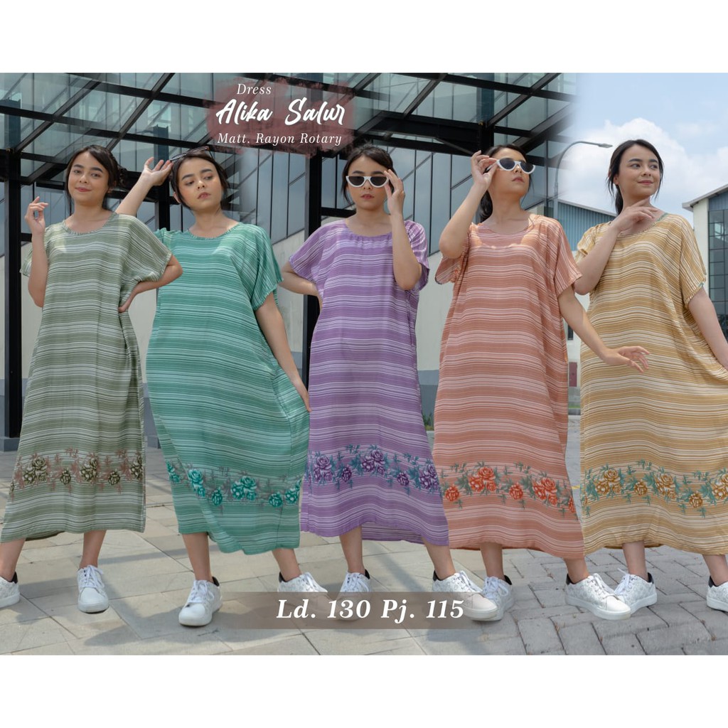 Daster Dress Bigsize Jumbo Salur Rayon Rotary Motif Garis Bunga