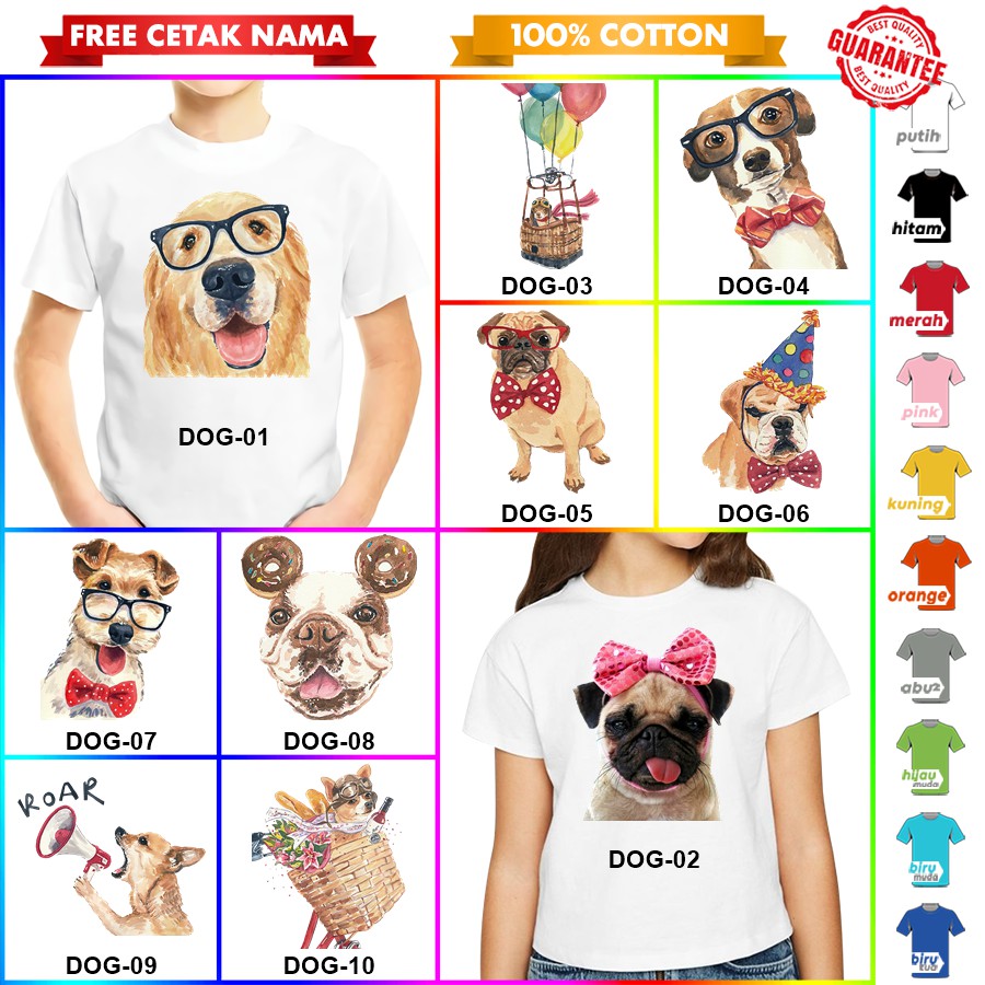 [FREE NAMA!!] Baju Kaos ANAK DAN DEWASA MOTIF ANJING DOG BANYAK MOTIF