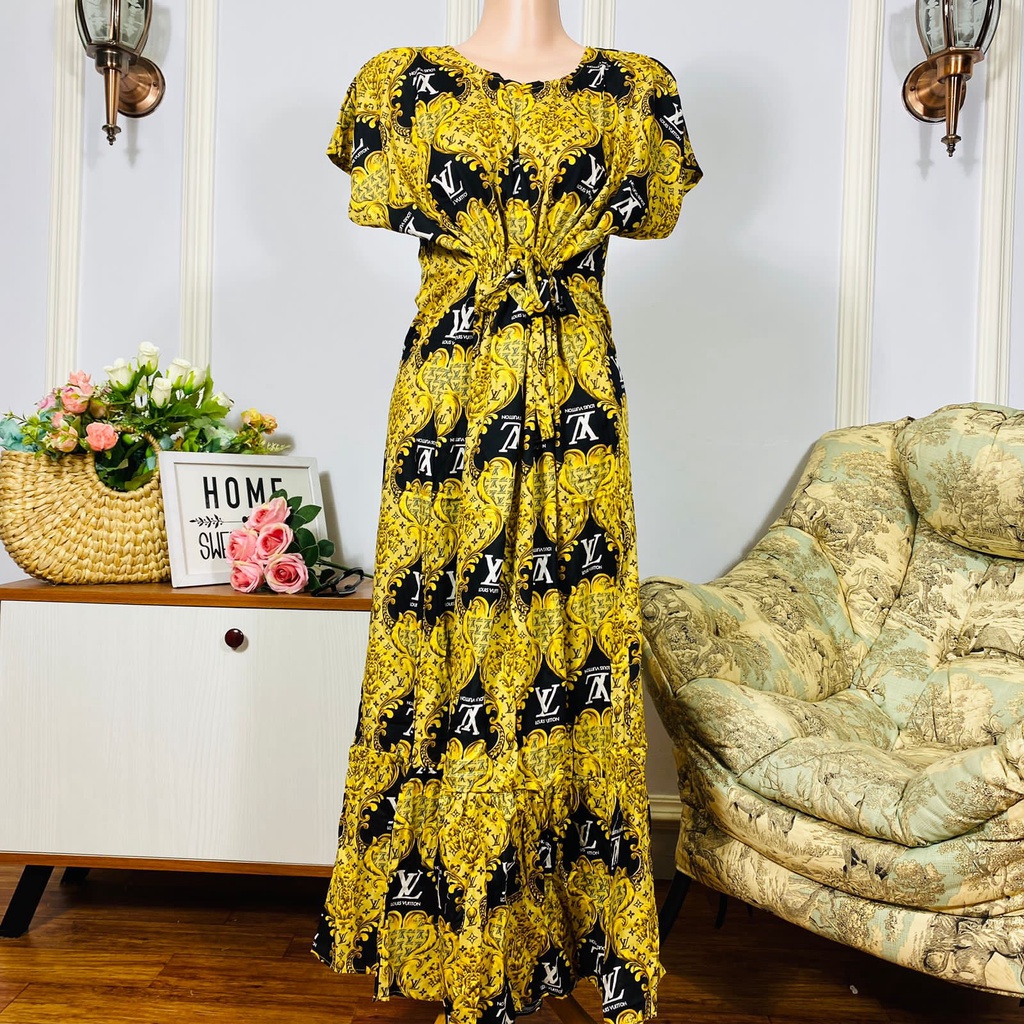 Daster Semata kaki Rayon Manohara Ruffle Busui Panjang Semata Kaki LD 120 Long Dress kekinian - Longdress semata kaki-LV Yellow Black