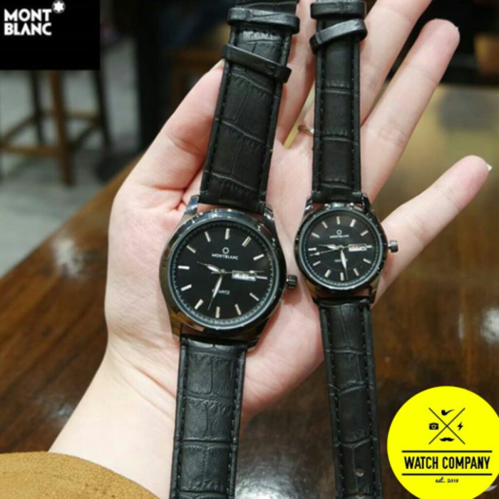 Jam Tangan Couple Montblanc Analog Time Leather Strap Full Black