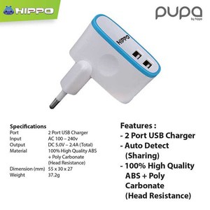 HIPPO PUPA Usb Adaptor Charger - Simple Pack (2 PORT dengan total output 2.4A)