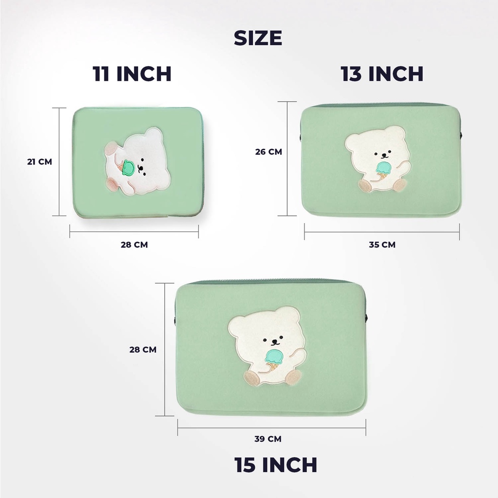 Sleeve Pouch Sarung Tas Pillow Bag Case Ipad Tab Tablet Macbook Air Pro Laptop Asus Acer Aspire Swift 3 Slim Chromebook Lenovo Dell HP Samsung Huawei 11 12 13 14 15 inch Motif Gambar Kartun Bear Dino Warna Green Pink Biru Ungu Cute Murah Korean Model