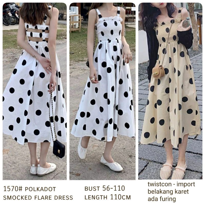 MDLV ~ 1570# Polkadot Smocked Flare Dress Long Dress Polkadot Dress Korea Dress Premium Import Fashion Import