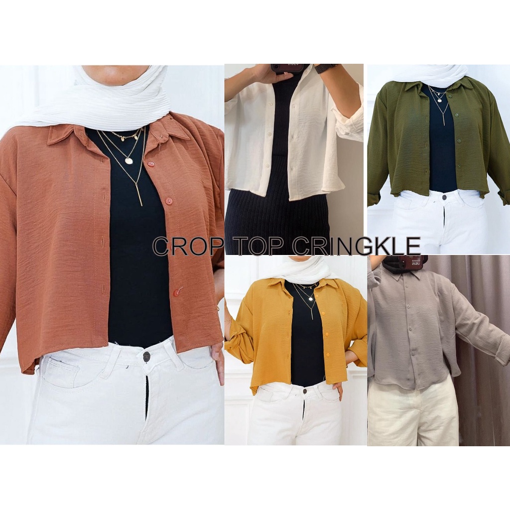 Hanin Crop Top Cringkle Kemeja Wanita Crop Katun Cringkle Allsize