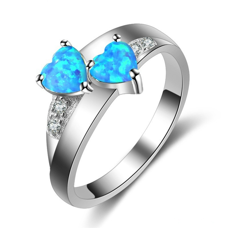 New style ring diamond blue double heart opal ladies ring