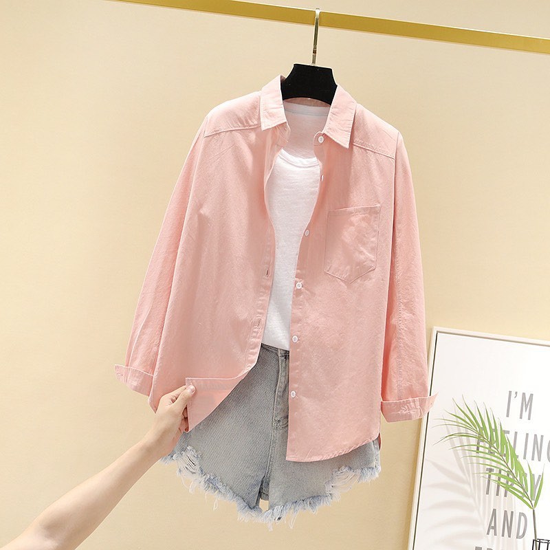 Kemeja Wanita Famira Top Bju Atasan Kmeja Lengan Panjang Polos Murah Size M L Katun Cewek-Pink