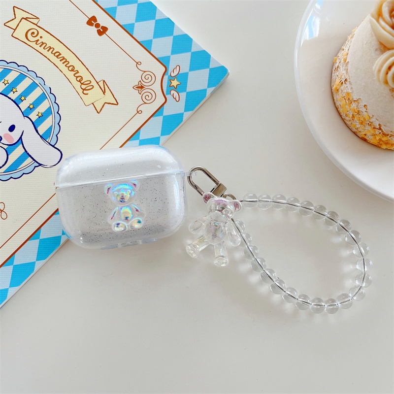 Casing Soft Case Silikon Motif Kartun Aksen Glitter + Strap Mutiara Untuk AirPods 1 / 2 / 3 Pro