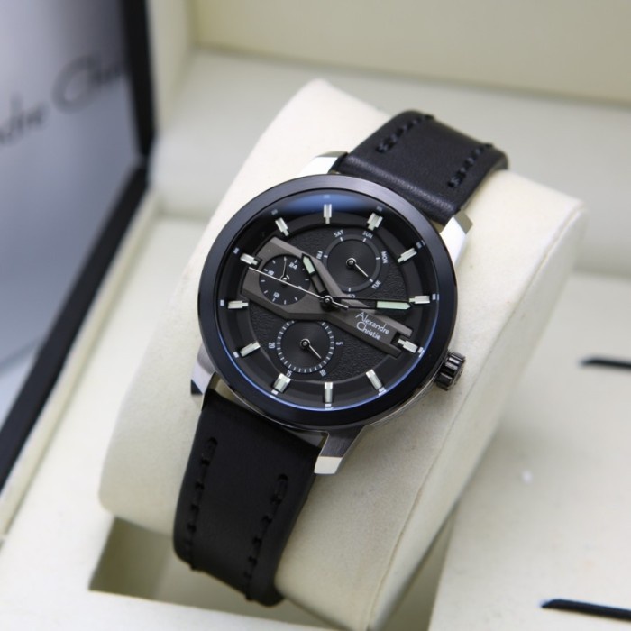 Jam tangan wanita Alexandre Christie AC 6562 leather silver black Garansi