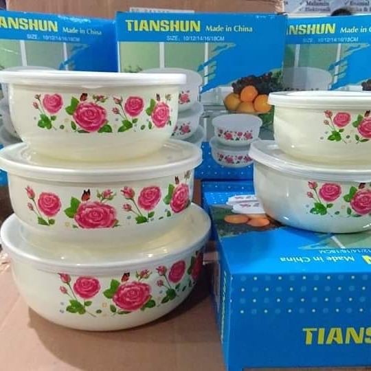 Mangkuk Enamel Mixing Bowl GSF Motif 5 pcs dan Tutup