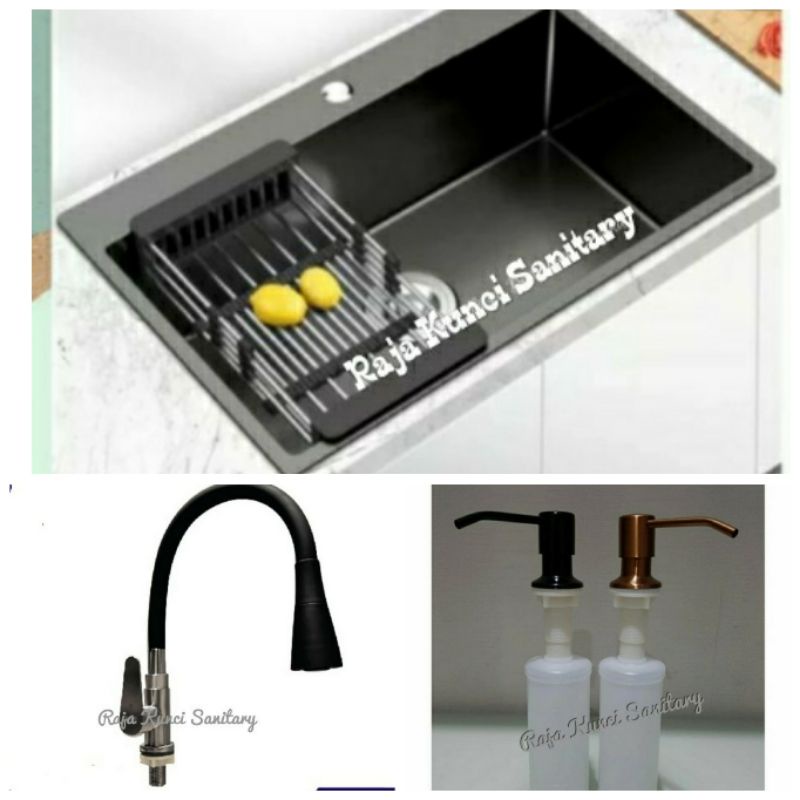 Paket Kitchen Sink 8050 Black+Kran Tembok/Dinding+Tempat Sabun Hitam/Black